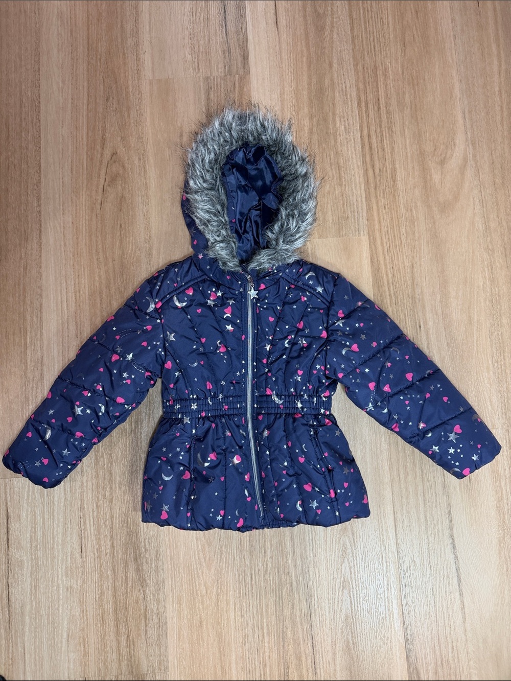 Rothschild Kids Navy Puffer Jacket Fuzzy Hood Hearts, Stars & Silver Moons Sz 3T